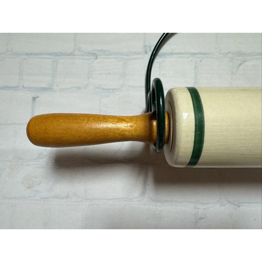 Vintage Ceramic Apple Dough Rolling Pin With Green Metal Wall Rack